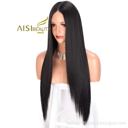 Aisi Beauty High Quality Vendor Cheap Long Straight Natural Black Wig Swiss Lace Synthetic Hair For Black Women Lace Front Wig